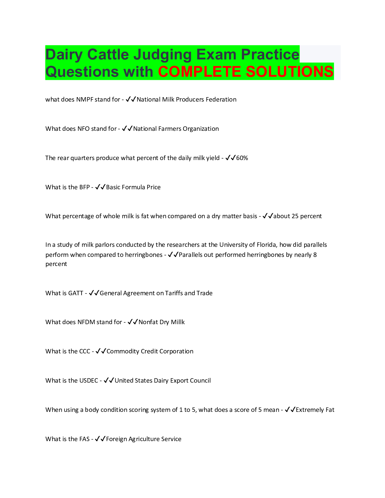 Dairy Cattle Judging Exam Practice Questions with COMPLETE SOLUTIONS